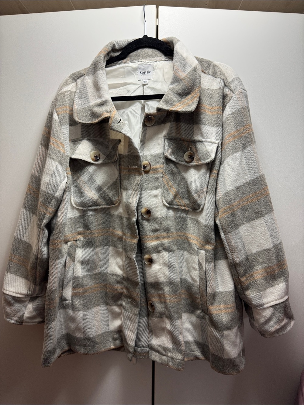 Kensie Plaid Button-Up Shacket - Cream, Gray & Tan